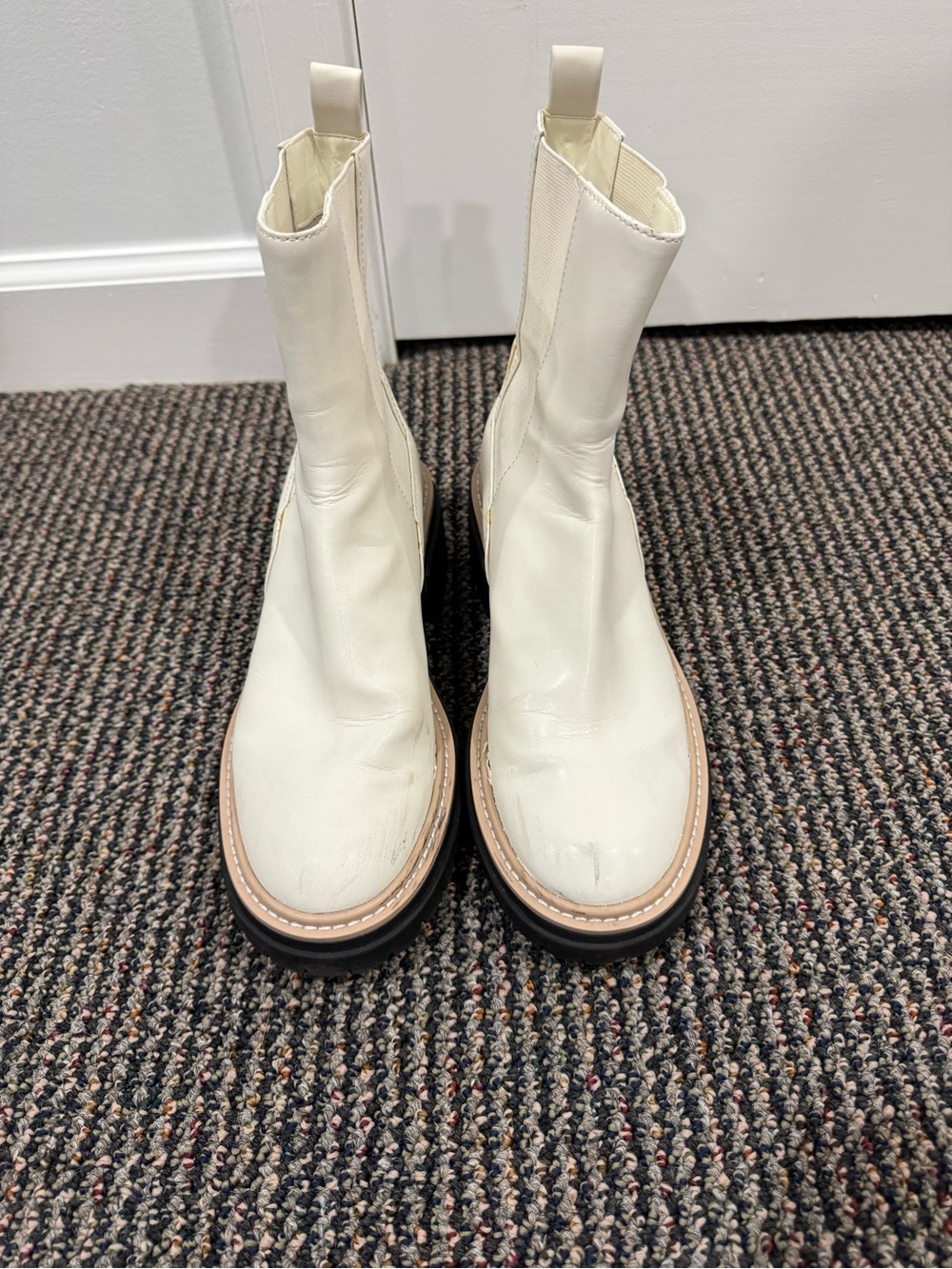 Cream Leather Chelsea Platform Booties with Chunky Sole